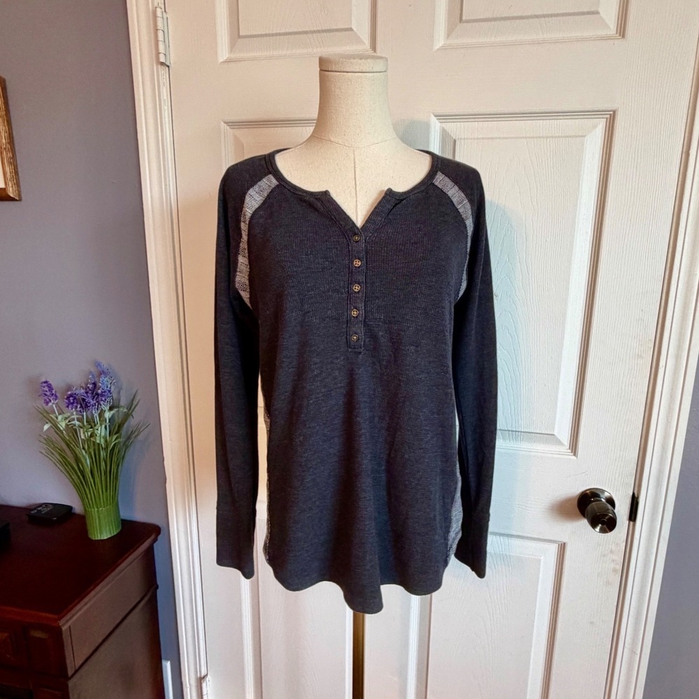 Lucky Brand Charcoal Gray Waffle Knit Henley Top with Patterned Side Panels L